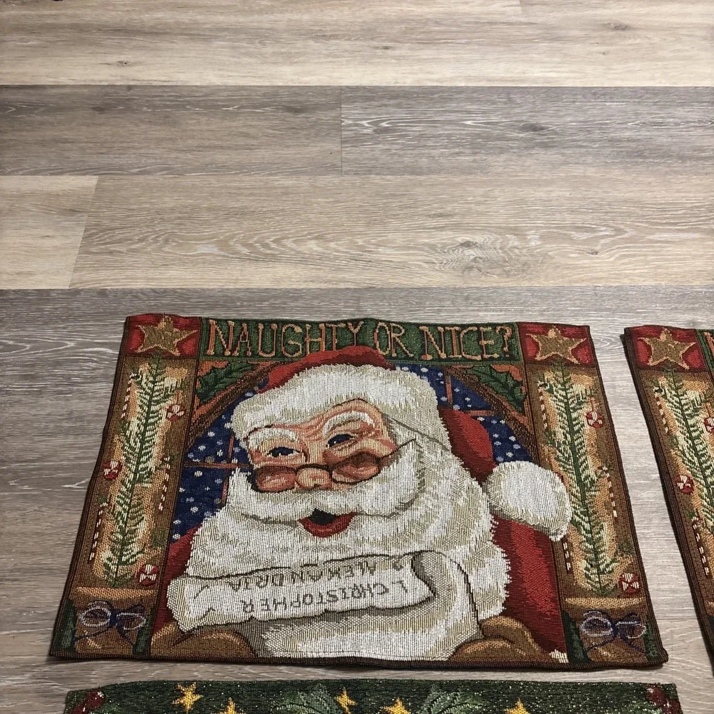Lot of 4 Christmas Tapestry Placemats 13x19 Santa Naughty Or Nice & Holly Bells